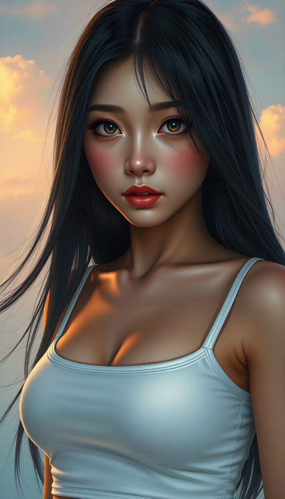 A super-realistic digital portrait of an adorable and stunning small busty Asian girl with long, flowing, straight black hair cascading over her shoulders. Her eyes are wide and expressive, filled with a melancholic gaze that meets the camera. She is wearing a white short, tight tank top that accentuates her curves, highlighting her figure. The lighting is soft and warm, casting gentle shadows that add depth to her facial features and hair. The background is a dreamy, pastel-colored sky with soft clouds, creating a serene and introspective atmosphere. The overall style is hyper-detailed and vibrant, with a focus on capturing her emotional expression and the delicate play of light on her hair and clothing.