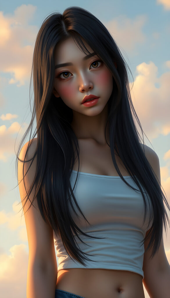 A super-realistic digital portrait of an adorable and stunning small busty Asian girl with long, flowing, straight black hair cascading over her shoulders. Her eyes are wide and expressive, filled with a melancholic gaze that meets the camera. She is wearing a white short, tight tank top that accentuates her curves, highlighting her figure. The lighting is soft and warm, casting gentle shadows that add depth to her facial features and hair. The background is a dreamy, pastel-colored sky with soft clouds, creating a serene and introspective atmosphere. The overall style is hyper-detailed and vibrant, with a focus on capturing her emotional expression and the delicate play of light on her hair and clothing.
