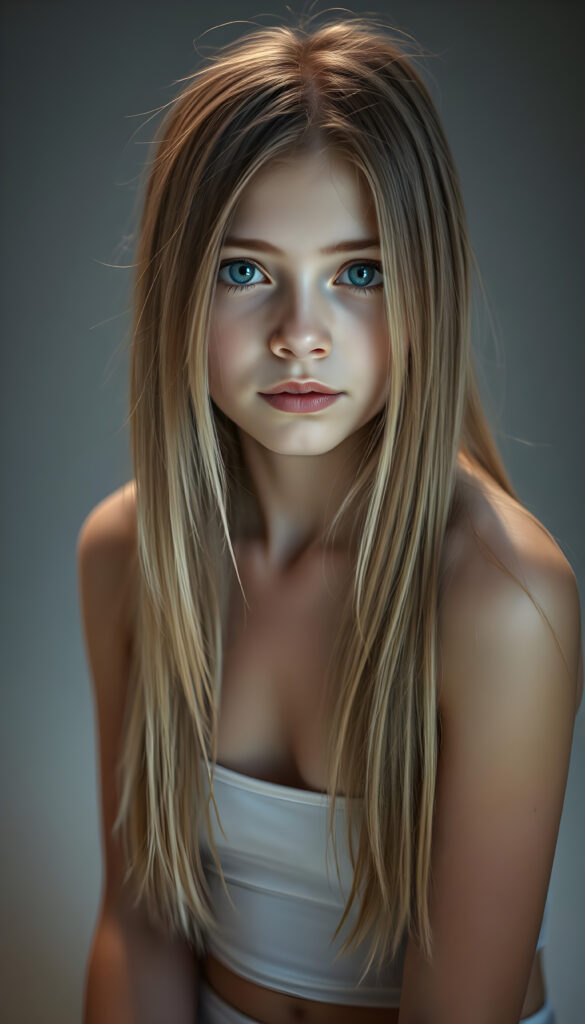 A super realistic, 4k photo from a adult girl, 18 years old, with long, thick straight, silky blonde hair and brown highlights sits in a softly lit studio, her innocence radiating in her wide, curious blue shiny eyes. She is dressed in a white thin undershirt deep neck. The background is a gradient of soft greys and muted tones, giving a timeless feel. Her posture is relaxed yet poised, her hands gently resting on her lap. The lighting is soft and warm, casting gentle shadows that enhance her delicate features. The atmosphere is serene and contemplative, with a hint of dreaminess.