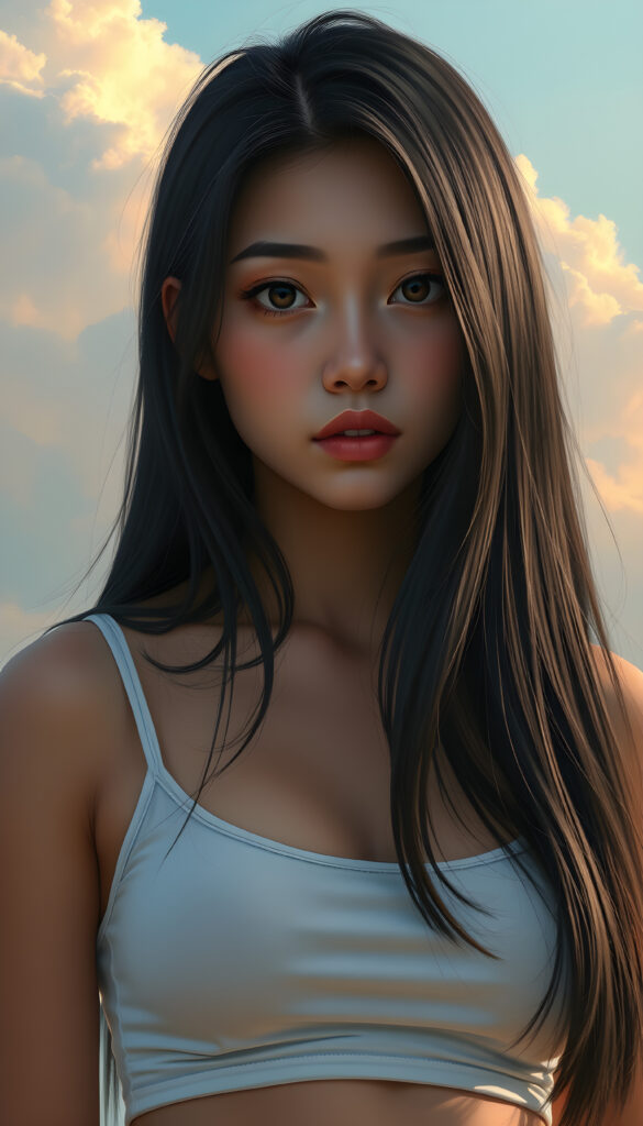 A super-realistic digital portrait of an adorable and stunning small busty Asian girl with long, flowing, straight black hair cascading over her shoulders. Her eyes are wide and expressive, filled with a melancholic gaze that meets the camera. She is wearing a white short, tight tank top that accentuates her curves, highlighting her figure. The lighting is soft and warm, casting gentle shadows that add depth to her facial features and hair. The background is a dreamy, pastel-colored sky with soft clouds, creating a serene and introspective atmosphere. The overall style is hyper-detailed and vibrant, with a focus on capturing her emotional expression and the delicate play of light on her hair and clothing.
