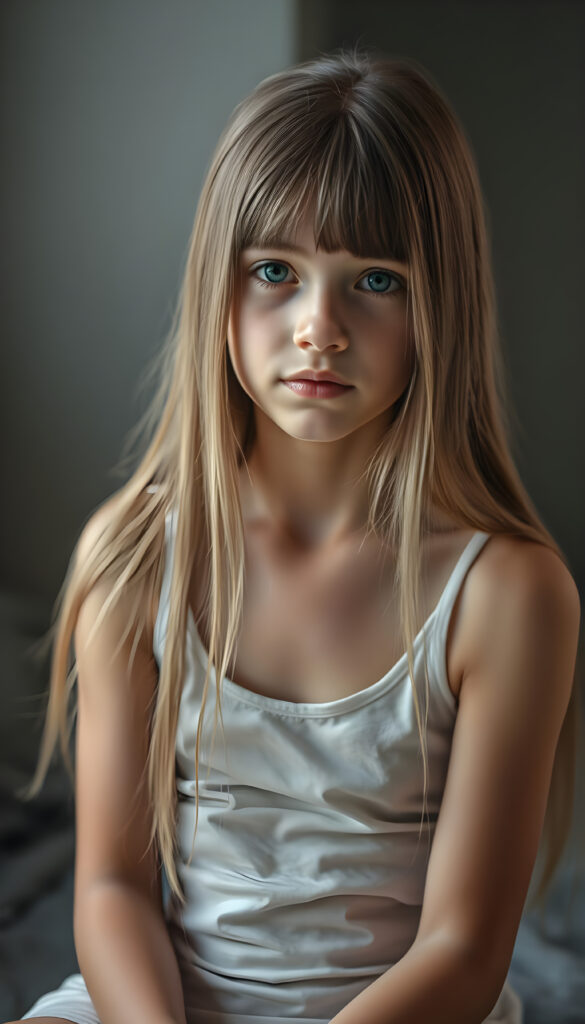 (upper body shot, seated) show me a innocent young girl, dark dressed, straight silky open fine hair, grey photo studio background