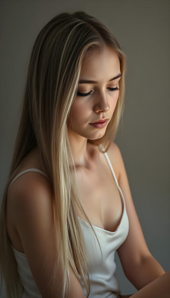 A super realistic, 4k photo from an innocent young woman with long, straight, silky white fine open hair and brown highlights in the same length left and right, sits in a softly lit studio, her innocence radiating in her wide, curious green shiny eyes. She is dressed in a white thin spaghetti undershirt deep neck. The background is a gradient of soft greys and muted tones, giving a timeless feel. Her posture is relaxed yet poised, her hands gently resting on her lap. The lighting is soft and warm, casting gentle shadows that enhance her delicate features. The atmosphere is serene and contemplative, with a hint of dreaminess, her eyes are closed and she looks down