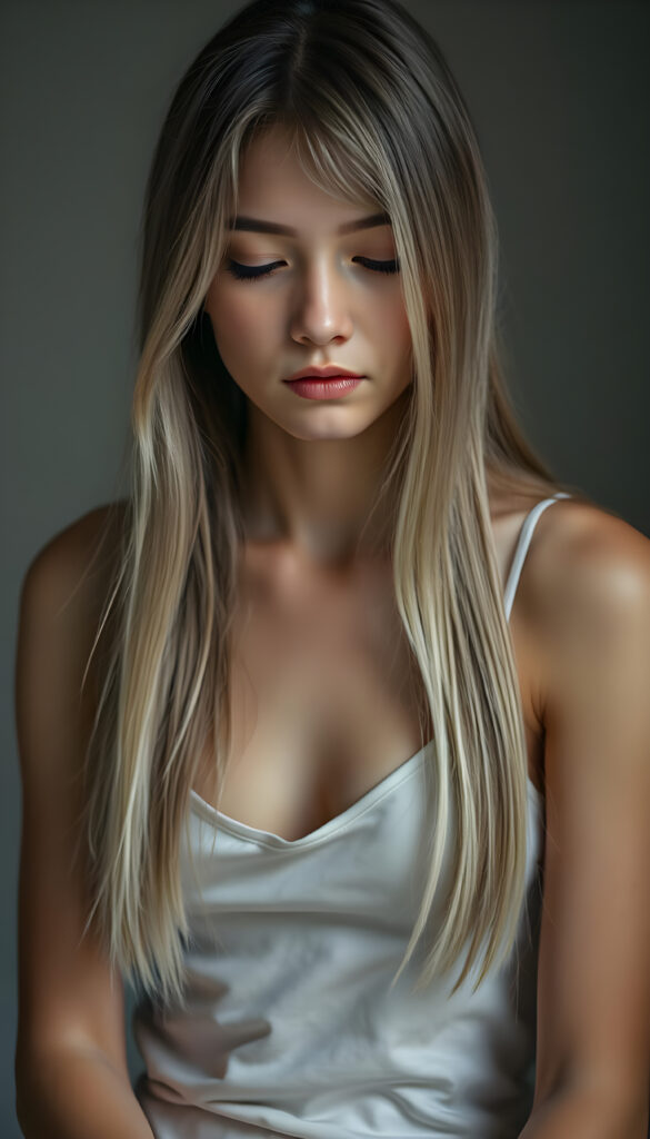 A super realistic, 4k photo from an innocent young woman with long, straight, silky white fine open hair and brown highlights in the same length left and right, sits in a softly lit studio, her innocence radiating in her wide, curious green shiny eyes. She is dressed in a white thin spaghetti undershirt deep neck. The background is a gradient of soft greys and muted tones, giving a timeless feel. Her posture is relaxed yet poised, her hands gently resting on her lap. The lighting is soft and warm, casting gentle shadows that enhance her delicate features. The atmosphere is serene and contemplative, with a hint of dreaminess, her eyes are closed and she looks down