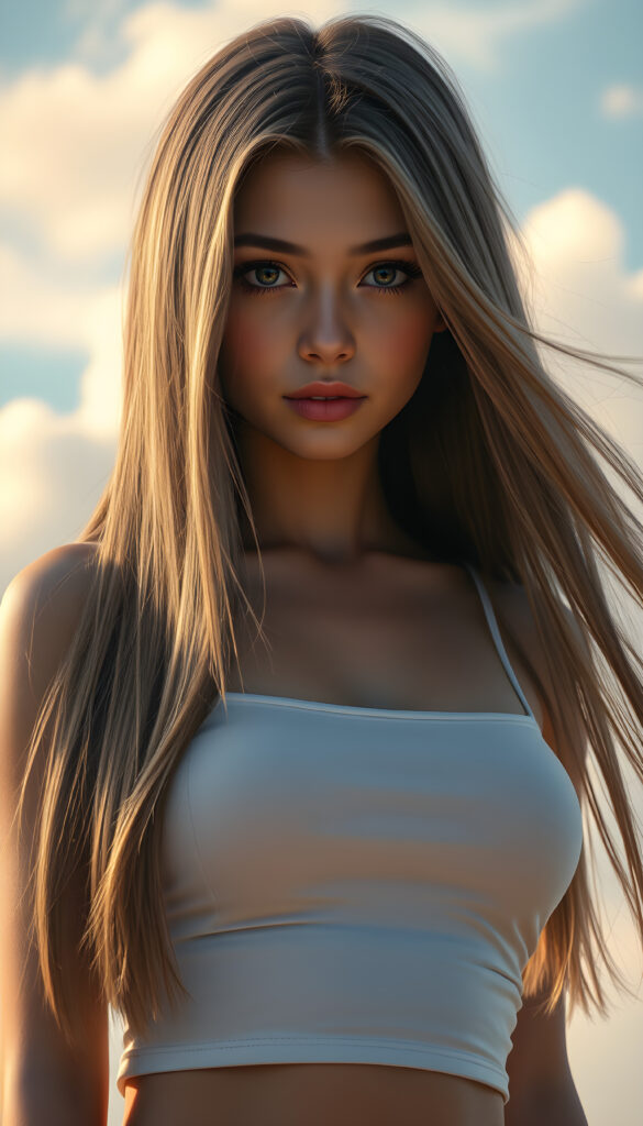 A super-realistic digital portrait of an adorable and stunning busty teen girl with long, flowing, straight hair cascading over her shoulders. Her eyes are wide and expressive, filled with a melancholic gaze that meets the camera. She is wearing a white plain short, tight tank top that accentuates her curves, highlighting her figure. The lighting is soft and warm, casting gentle shadows that add depth to her facial features and hair. The background is a dreamy, pastel-colored sky with soft clouds, creating a serene and introspective atmosphere. The overall style is hyper-detailed and vibrant, with a focus on capturing her emotional expression and the delicate play of light on her hair and clothing.