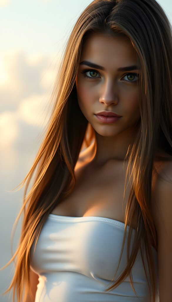 A super-realistic digital portrait of an adorable and stunning busty teen girl with long, flowing, straight hair cascading over her shoulders. Her eyes are wide and expressive, filled with a melancholic gaze that meets the camera. She is wearing a white plain short, tight tank top that accentuates her curves, highlighting her figure. The lighting is soft and warm, casting gentle shadows that add depth to her facial features and hair. The background is a dreamy, pastel-colored sky with soft clouds, creating a serene and introspective atmosphere. The overall style is hyper-detailed and vibrant, with a focus on capturing her emotional expression and the delicate play of light on her hair and clothing.