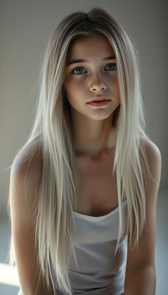 A super realistic, 4k photo from an innocent young woman with long, straight, silky white hair and brown highlights in the same length left and right, perfect straight bob cut, bangs, sits in a softly lit studio, her innocence radiating in her wide, curious green shiny eyes. She is dressed in a white thin spaghetti undershirt deep neck. The background is a gradient of soft greys and muted tones, giving a timeless feel. Her posture is relaxed yet poised, her hands gently resting on her lap. The lighting is soft and warm, casting gentle shadows that enhance her delicate features. The atmosphere is serene and contemplative, with a hint of dreaminess, she looks very sad and tired to the viewer