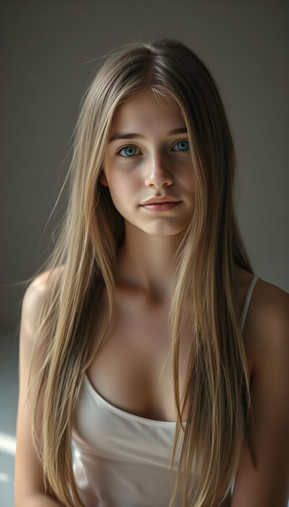 A super realistic, 4k photo from a adult girl, 18 years old, with long, thick straight, silky blonde hair and brown highlights sits in a softly lit studio, her innocence radiating in her wide, curious blue shiny eyes. She is dressed in a white thin undershirt deep neck. The background is a gradient of soft greys and muted tones, giving a timeless feel. Her posture is relaxed yet poised, her hands gently resting on her lap. The lighting is soft and warm, casting gentle shadows that enhance her delicate features. The atmosphere is serene and contemplative, with a hint of dreaminess.