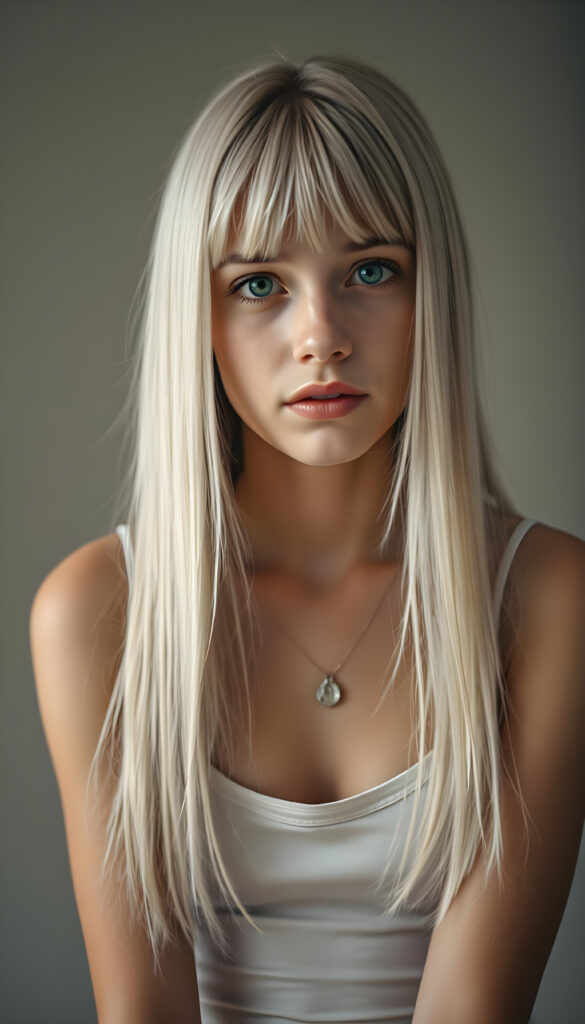 A super realistic, 4k photo from an innocent young woman with long, straight, silky white hair and brown highlights in the same length left and right, perfect straight bob cut, bangs, sits in a softly lit studio, her innocence radiating in her wide, curious green shiny eyes. She is dressed in a white thin spaghetti undershirt deep neck. The background is a gradient of soft greys and muted tones, giving a timeless feel. Her posture is relaxed yet poised, her hands gently resting on her lap. The lighting is soft and warm, casting gentle shadows that enhance her delicate features. The atmosphere is serene and contemplative, with a hint of dreaminess, she looks very sad and tired to the viewer