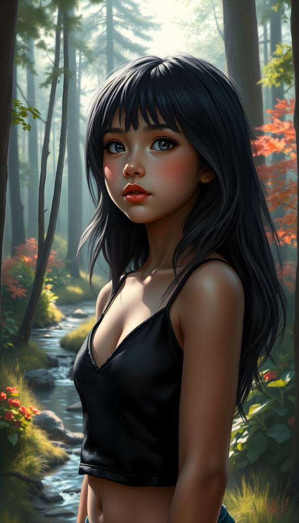 A super-realistic and detailed digital painting of a young girl with a medium silhouette standing in a lush, vibrant forest. Her obsidian-black hair is styled in long, straight waves, cascading over her shoulders. Her silver-white eyes sparkle with curiosity as she gazes into the distance. She has full, pouting lips and a soft, warm expression. Her fit figure is accentuated by a black, cropped spaghetti tank top with a deep v-neck. The background features a serene, sunlit forest with tall trees, colorful foliage, and a meandering stream, creating a magical and tranquil atmosphere. The lighting is soft and ethereal, enhancing the dreamlike quality of the scene.