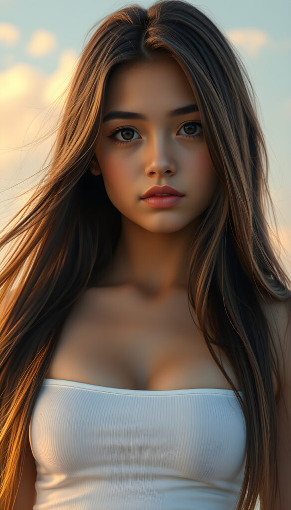 A super-realistic digital portrait of an adorable and stunning busty teen girl with long, flowing, straight hair cascading over her shoulders. Her eyes are wide and expressive, filled with a melancholic gaze that meets the camera. She is wearing a white plain short, tight tank top that accentuates her curves, highlighting her figure. The lighting is soft and warm, casting gentle shadows that add depth to her facial features and hair. The background is a dreamy, pastel-colored sky with soft clouds, creating a serene and introspective atmosphere. The overall style is hyper-detailed and vibrant, with a focus on capturing her emotional expression and the delicate play of light on her hair and clothing.