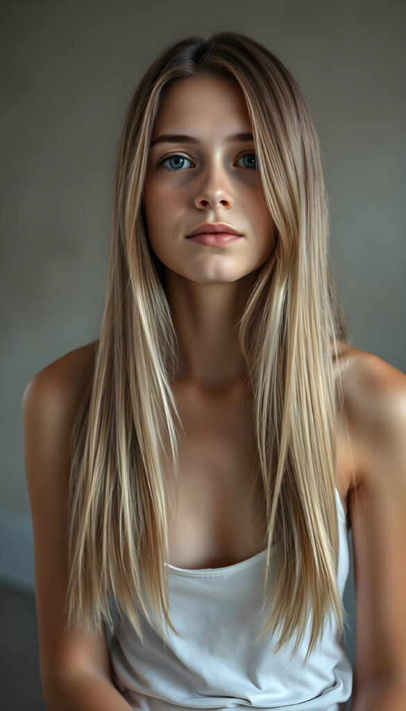 A super realistic, 4k photo from a adult girl, 18 years old, with long, thick straight, silky blonde hair and brown highlights sits in a softly lit studio, her innocence radiating in her wide, curious blue shiny eyes. She is dressed in a white thin undershirt deep neck. The background is a gradient of soft greys and muted tones, giving a timeless feel. Her posture is relaxed yet poised, her hands gently resting on her lap. The lighting is soft and warm, casting gentle shadows that enhance her delicate features. The atmosphere is serene and contemplative, with a hint of dreaminess.