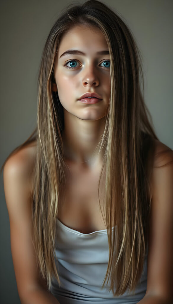 A super realistic, 4k photo from a adult girl, 18 years old, with long, thick straight, silky blonde hair and brown highlights sits in a softly lit studio, her innocence radiating in her wide, curious blue shiny eyes. She is dressed in a white thin undershirt deep neck. The background is a gradient of soft greys and muted tones, giving a timeless feel. Her posture is relaxed yet poised, her hands gently resting on her lap. The lighting is soft and warm, casting gentle shadows that enhance her delicate features. The atmosphere is serene and contemplative, with a hint of dreaminess.