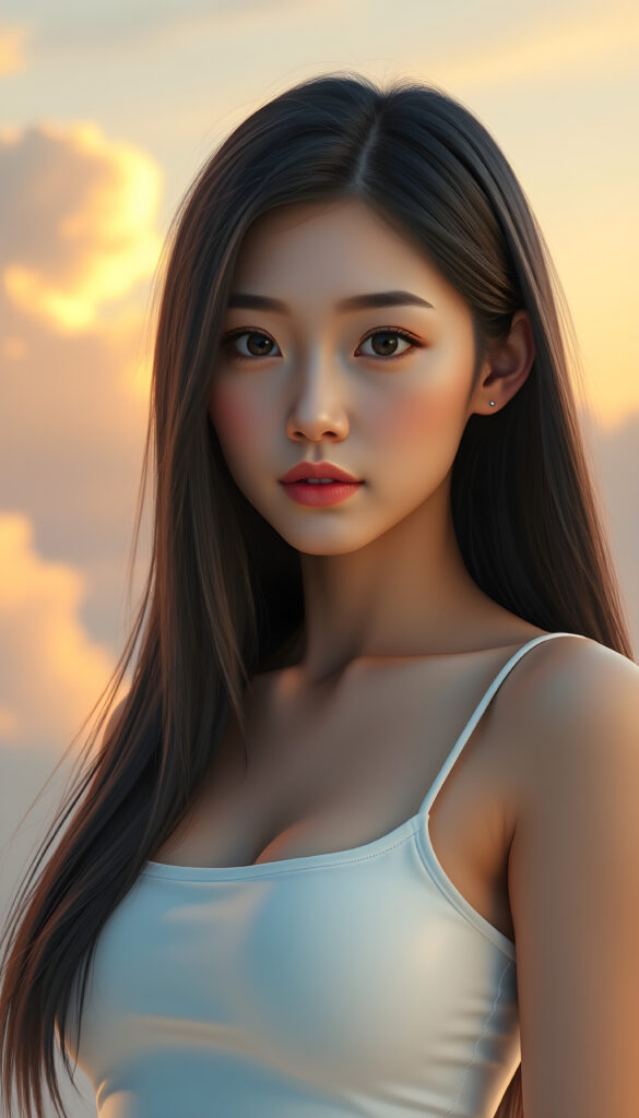 A super-realistic digital portrait of an adorable and stunning busty Asian girl with long, flowing, straight black hair cascading over her shoulders. Her eyes are wide and expressive, filled with a melancholic gaze that meets the camera. She is wearing a white short, tight tank top that accentuates her curves, highlighting her figure. The lighting is soft and warm, casting gentle shadows that add depth to her facial features and hair. The background is a dreamy, pastel-colored sky with soft clouds, creating a serene and introspective atmosphere. The overall style is hyper-detailed and vibrant, with a focus on capturing her emotional expression and the delicate play of light on her hair and clothing.