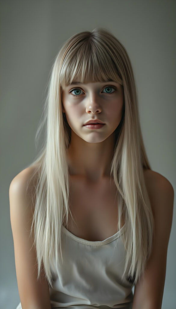 A super realistic, 4k photo from an innocent young woman with long, straight, silky white hair and brown highlights in the same length left and right, perfect straight bob cut, bangs, sits in a softly lit studio, her innocence radiating in her wide, curious green shiny eyes. She is dressed in a white thin spaghetti undershirt deep neck. The background is a gradient of soft greys and muted tones, giving a timeless feel. Her posture is relaxed yet poised, her hands gently resting on her lap. The lighting is soft and warm, casting gentle shadows that enhance her delicate features. The atmosphere is serene and contemplative, with a hint of dreaminess, she looks very sad and tired to the viewer