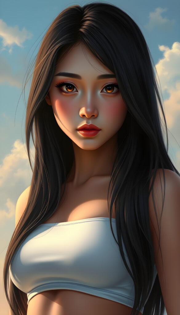 A super-realistic digital portrait of an adorable and stunning small busty Asian girl with long, flowing, straight black hair cascading over her shoulders. Her eyes are wide and expressive, filled with a melancholic gaze that meets the camera. She is wearing a white short, tight tank top that accentuates her curves, highlighting her figure. The lighting is soft and warm, casting gentle shadows that add depth to her facial features and hair. The background is a dreamy, pastel-colored sky with soft clouds, creating a serene and introspective atmosphere. The overall style is hyper-detailed and vibrant, with a focus on capturing her emotional expression and the delicate play of light on her hair and clothing.