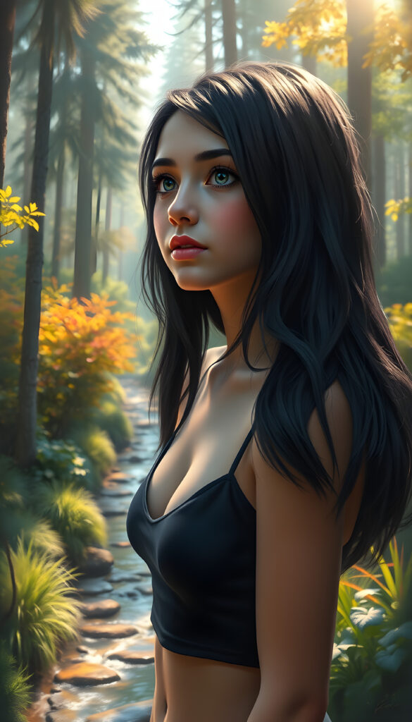 A super-realistic and detailed digital painting of a young girl with a medium silhouette standing in a lush, vibrant forest. Her obsidian-black hair is styled in long, straight waves, cascading over her shoulders. Her silver-white eyes sparkle with curiosity as she gazes into the distance. She has full, pouting lips and a soft, warm expression. Her fit figure is accentuated by a black, cropped spaghetti tank top with a deep v-neck. The background features a serene, sunlit forest with tall trees, colorful foliage, and a meandering stream, creating a magical and tranquil atmosphere. The lighting is soft and ethereal, enhancing the dreamlike quality of the scene.