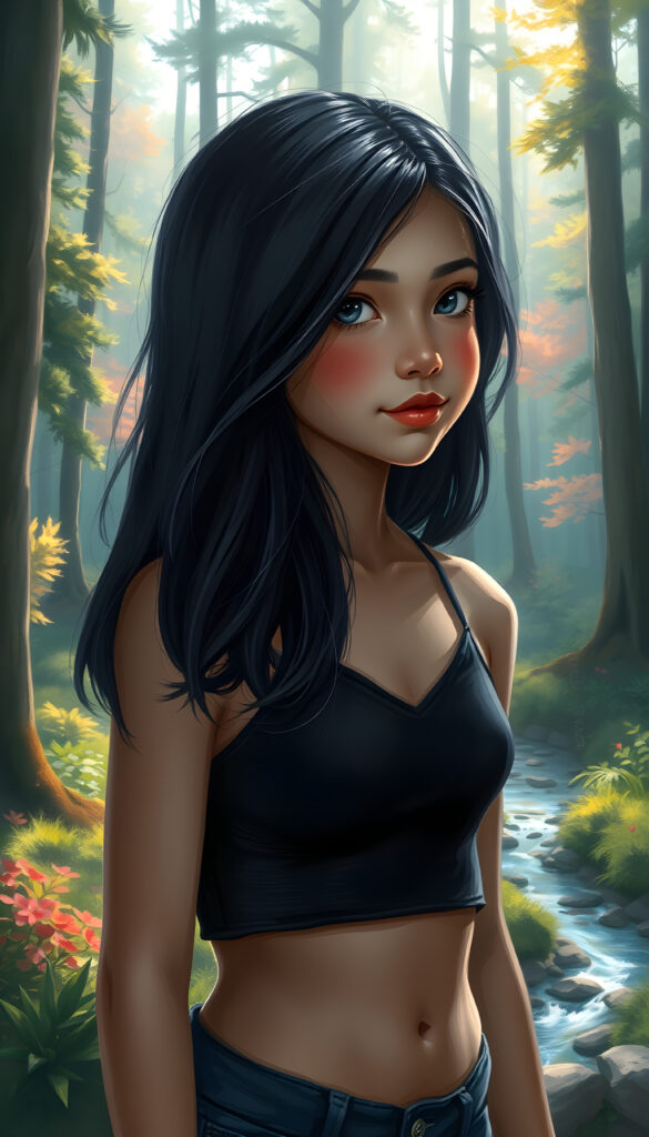 A super-realistic and detailed digital painting of a young girl with a medium silhouette standing in a lush, vibrant forest. Her obsidian-black hair is styled in long, straight waves, cascading over her shoulders. Her silver-white eyes sparkle with curiosity as she gazes into the distance. She has full, pouting lips and a soft, warm expression. Her fit figure is accentuated by a black, cropped spaghetti tank top with a deep v-neck. The background features a serene, sunlit forest with tall trees, colorful foliage, and a meandering stream, creating a magical and tranquil atmosphere. The lighting is soft and ethereal, enhancing the dreamlike quality of the scene.