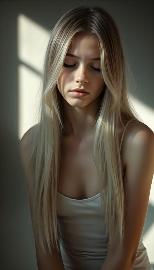 A super realistic, 4k photo from an innocent young woman with long, straight, silky white fine open hair and brown highlights in the same length left and right, sits in a softly lit studio, her innocence radiating in her wide, curious green shiny eyes. She is dressed in a white thin spaghetti undershirt deep neck. The background is a gradient of soft greys and muted tones, giving a timeless feel. Her posture is relaxed yet poised, her hands gently resting on her lap. The lighting is soft and warm, casting gentle shadows that enhance her delicate features. The atmosphere is serene and contemplative, with a hint of dreaminess, her eyes are closed and she looks down