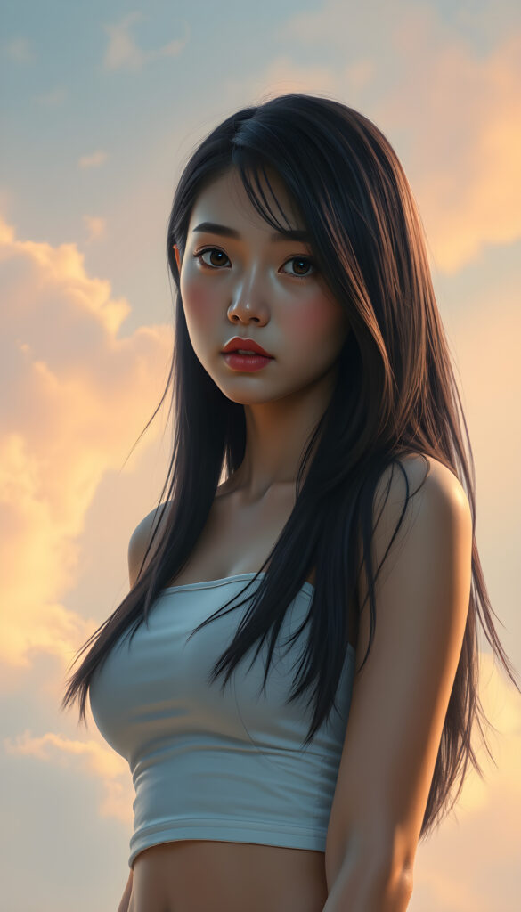 A super-realistic digital portrait of an adorable and stunning small busty Asian girl with long, flowing, straight black hair cascading over her shoulders. Her eyes are wide and expressive, filled with a melancholic gaze that meets the camera. She is wearing a white short, tight tank top that accentuates her curves, highlighting her figure. The lighting is soft and warm, casting gentle shadows that add depth to her facial features and hair. The background is a dreamy, pastel-colored sky with soft clouds, creating a serene and introspective atmosphere. The overall style is hyper-detailed and vibrant, with a focus on capturing her emotional expression and the delicate play of light on her hair and clothing.