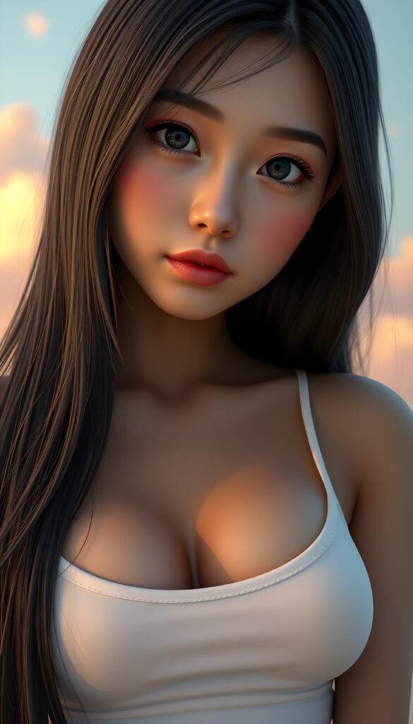 A super-realistic digital portrait of an adorable and stunning busty Asian girl with long, flowing, straight black hair cascading over her shoulders. Her eyes are wide and expressive, filled with a melancholic gaze that meets the camera. She is wearing a white short, tight tank top that accentuates her curves, highlighting her figure. The lighting is soft and warm, casting gentle shadows that add depth to her facial features and hair. The background is a dreamy, pastel-colored sky with soft clouds, creating a serene and introspective atmosphere. The overall style is hyper-detailed and vibrant, with a focus on capturing her emotional expression and the delicate play of light on her hair and clothing.