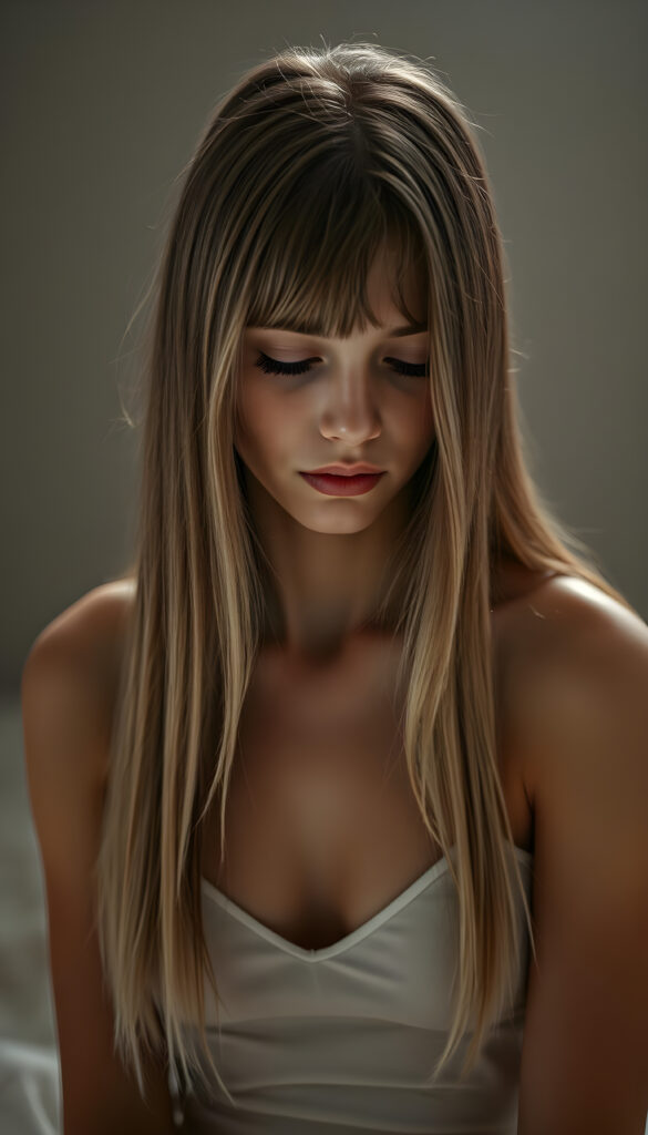 A super realistic, 4k photo from an innocent young woman with long, straight, silky white fine open hair and brown highlights in the same length left and right, sits in a softly lit studio, her innocence radiating in her wide, curious green shiny eyes. She is dressed in a white thin spaghetti undershirt deep neck. The background is a gradient of soft greys and muted tones, giving a timeless feel. Her posture is relaxed yet poised, her hands gently resting on her lap. The lighting is soft and warm, casting gentle shadows that enhance her delicate features. The atmosphere is serene and contemplative, with a hint of dreaminess, her eyes are closed and she looks down