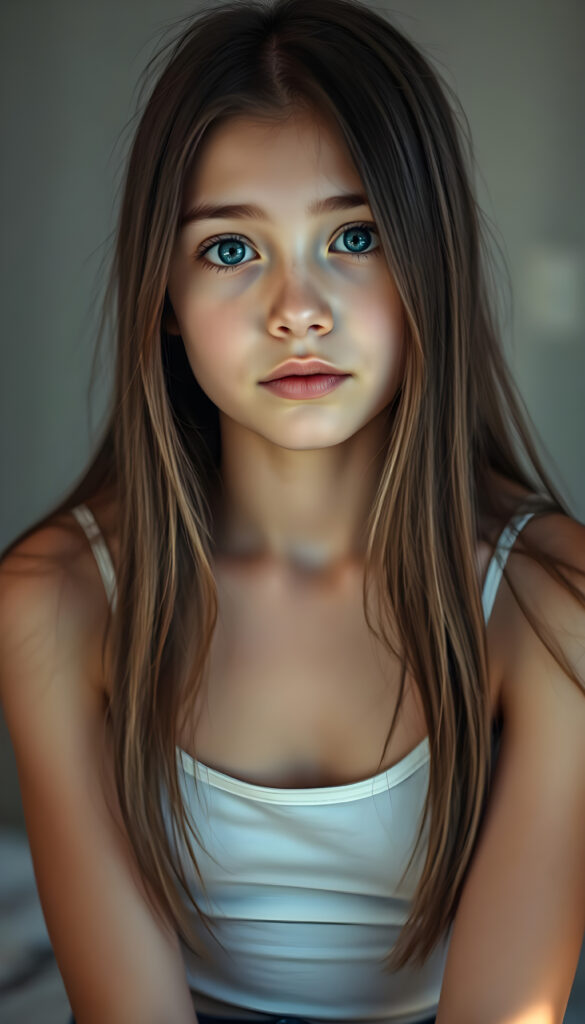 (upper body shot, seated) show me a innocent young girl, dark dressed, straight silky open fine hair, grey photo studio background