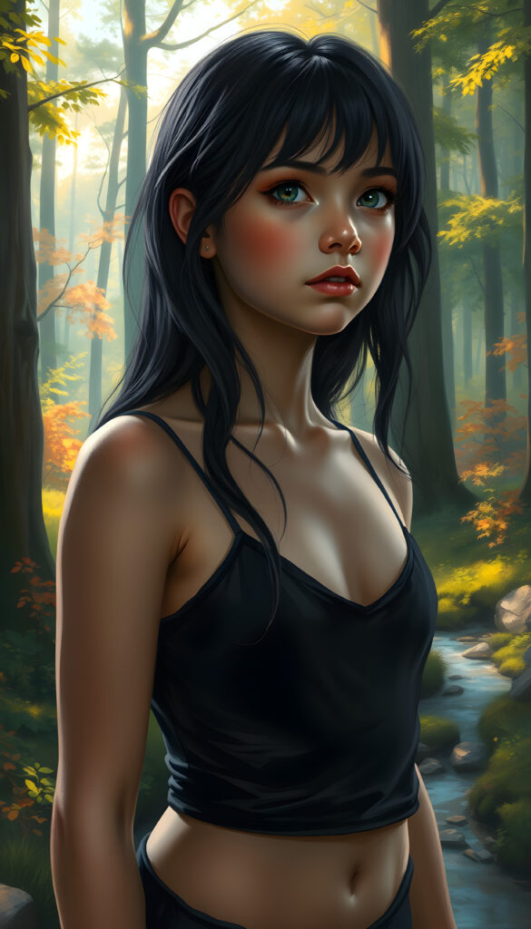 A super-realistic and detailed digital painting of a young girl with a medium silhouette standing in a lush, vibrant forest. Her obsidian-black hair is styled in long, straight waves, cascading over her shoulders. Her silver-white eyes sparkle with curiosity as she gazes into the distance. She has full, pouting lips and a soft, warm expression. Her fit figure is accentuated by a black, cropped spaghetti tank top with a deep v-neck. The background features a serene, sunlit forest with tall trees, colorful foliage, and a meandering stream, creating a magical and tranquil atmosphere. The lighting is soft and ethereal, enhancing the dreamlike quality of the scene.