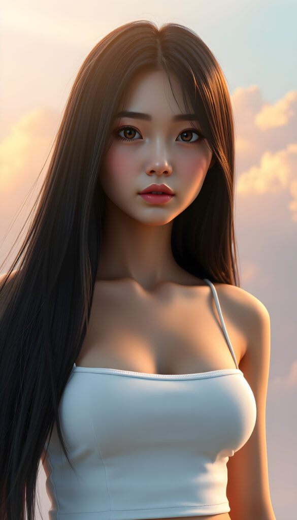 A super-realistic digital portrait of an adorable and stunning busty Asian girl with long, flowing, straight black hair cascading over her shoulders. Her eyes are wide and expressive, filled with a melancholic gaze that meets the camera. She is wearing a white short, tight tank top that accentuates her curves, highlighting her figure. The lighting is soft and warm, casting gentle shadows that add depth to her facial features and hair. The background is a dreamy, pastel-colored sky with soft clouds, creating a serene and introspective atmosphere. The overall style is hyper-detailed and vibrant, with a focus on capturing her emotional expression and the delicate play of light on her hair and clothing.
