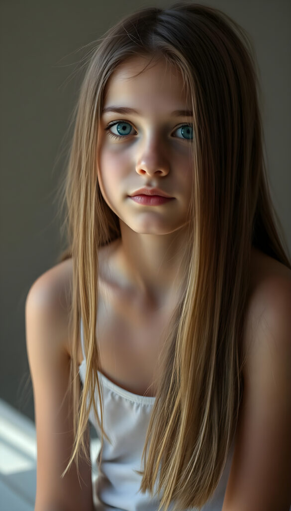 (upper body shot, seated) show me a innocent young girl, dark dressed, straight silky open fine hair, grey photo studio background