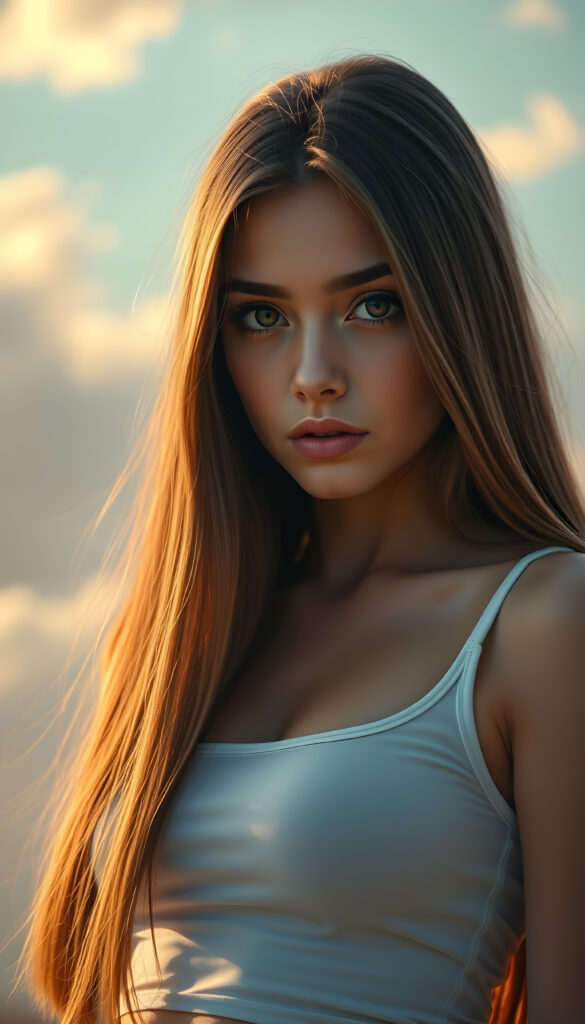A super-realistic digital portrait of an adorable and stunning busty teen girl with long, flowing, straight hair cascading over her shoulders. Her eyes are wide and expressive, filled with a melancholic gaze that meets the camera. She is wearing a white plain short, tight tank top that accentuates her curves, highlighting her figure. The lighting is soft and warm, casting gentle shadows that add depth to her facial features and hair. The background is a dreamy, pastel-colored sky with soft clouds, creating a serene and introspective atmosphere. The overall style is hyper-detailed and vibrant, with a focus on capturing her emotional expression and the delicate play of light on her hair and clothing.