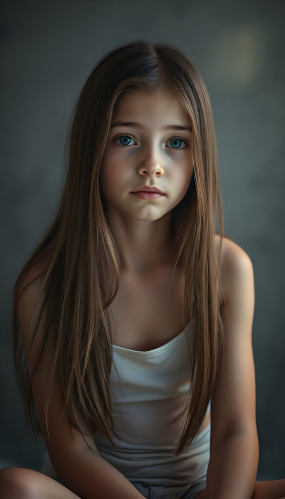 (upper body shot, seated) show me a innocent young girl, dark dressed, straight silky open fine hair, grey photo studio background