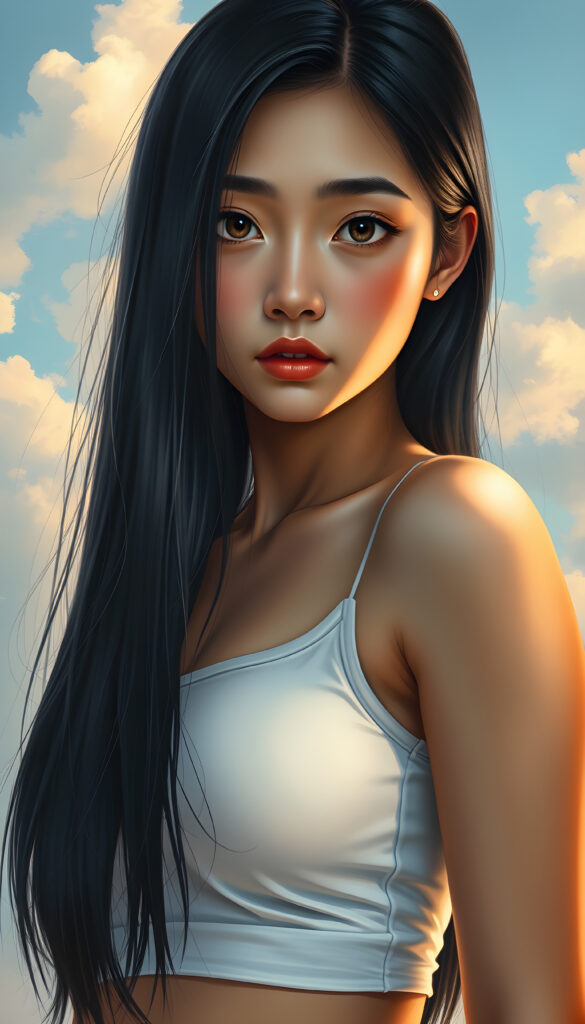 A super-realistic digital portrait of an adorable and stunning small busty Asian girl with long, flowing, straight black hair cascading over her shoulders. Her eyes are wide and expressive, filled with a melancholic gaze that meets the camera. She is wearing a white short, tight tank top that accentuates her curves, highlighting her figure. The lighting is soft and warm, casting gentle shadows that add depth to her facial features and hair. The background is a dreamy, pastel-colored sky with soft clouds, creating a serene and introspective atmosphere. The overall style is hyper-detailed and vibrant, with a focus on capturing her emotional expression and the delicate play of light on her hair and clothing.