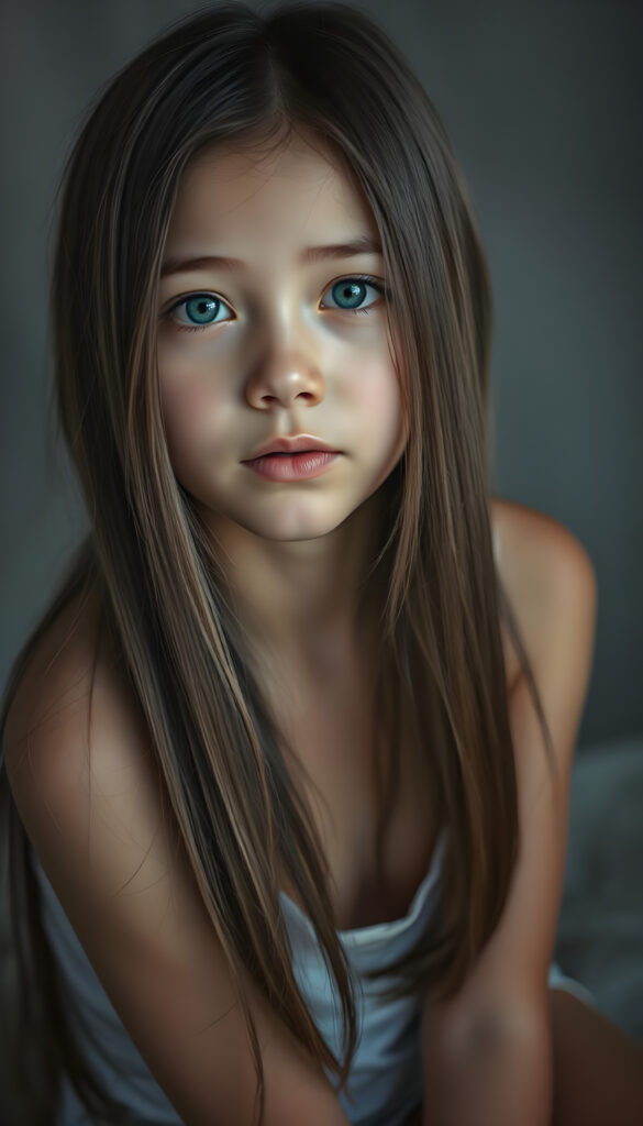 (upper body shot, seated) show me a innocent young girl, dark dressed, straight silky open fine hair, grey photo studio background