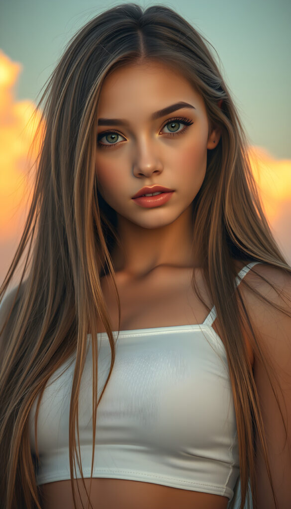 A super-realistic digital portrait of an adorable and stunning busty teen girl with long, flowing, straight hair cascading over her shoulders. Her eyes are wide and expressive, filled with a melancholic gaze that meets the camera. She is wearing a white plain short, tight tank top that accentuates her curves, highlighting her figure. The lighting is soft and warm, casting gentle shadows that add depth to her facial features and hair. The background is a dreamy, pastel-colored sky with soft clouds, creating a serene and introspective atmosphere. The overall style is hyper-detailed and vibrant, with a focus on capturing her emotional expression and the delicate play of light on her hair and clothing.