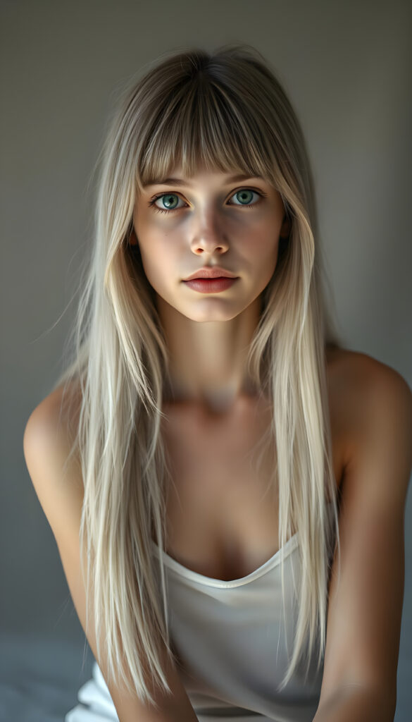 A super realistic, 4k photo from an innocent young woman with long, straight, silky white hair and brown highlights in the same length left and right, perfect straight bob cut, bangs, sits in a softly lit studio, her innocence radiating in her wide, curious green shiny eyes. She is dressed in a white thin spaghetti undershirt deep neck. The background is a gradient of soft greys and muted tones, giving a timeless feel. Her posture is relaxed yet poised, her hands gently resting on her lap. The lighting is soft and warm, casting gentle shadows that enhance her delicate features. The atmosphere is serene and contemplative, with a hint of dreaminess, she looks very sad and tired to the viewer