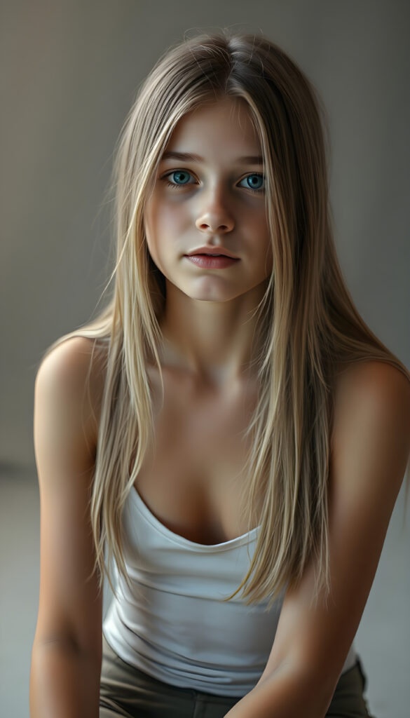 A super realistic, 4k photo from a adult girl, 18 years old, with long, thick straight, silky blonde hair and brown highlights sits in a softly lit studio, her innocence radiating in her wide, curious blue shiny eyes. She is dressed in a white thin undershirt deep neck. The background is a gradient of soft greys and muted tones, giving a timeless feel. Her posture is relaxed yet poised, her hands gently resting on her lap. The lighting is soft and warm, casting gentle shadows that enhance her delicate features. The atmosphere is serene and contemplative, with a hint of dreaminess.