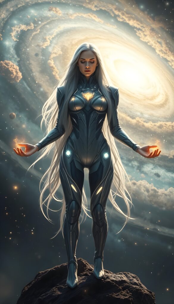 A ((superheroine)) with ((long, flowing silver hair)) that resembles a ((celestial dragon)) cascading down her back. She is wearing a ((customized, high-tech suit)) with glowing ((silver armor panels)) that shimmer under the light. Her face is lit by a ((serene, otherworldly glow)) with her eyes closed, as if ((meditating)) or ((channeling cosmic energy)). She is ((standing on a floating rock)) in the ((center of a swirling galaxy)), with ((starry nebulae)) and ((colored nebulae)) in the background, creating a ((mesmerizing and mystical atmosphere)). Her ((arms are stretched out)) in a ((powerful stance)) with her hands emitting a ((soft, radiant light)), casting a ((golden aura)) across her body. The ((entire scene)) is ((illuminated by a celestial light)), giving it a ((futuristic and fantastical)) look.