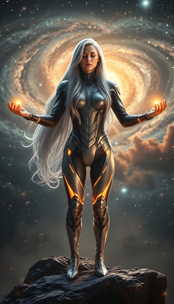 A ((superheroine)) with ((long, flowing silver hair)) that resembles a ((celestial dragon)) cascading down her back. She is wearing a ((customized, high-tech suit)) with glowing ((silver armor panels)) that shimmer under the light. Her face is lit by a ((serene, otherworldly glow)) with her eyes closed, as if ((meditating)) or ((channeling cosmic energy)). She is ((standing on a floating rock)) in the ((center of a swirling galaxy)), with ((starry nebulae)) and ((colored nebulae)) in the background, creating a ((mesmerizing and mystical atmosphere)). Her ((arms are stretched out)) in a ((powerful stance)) with her hands emitting a ((soft, radiant light)), casting a ((golden aura)) across her body. The ((entire scene)) is ((illuminated by a celestial light)), giving it a ((futuristic and fantastical)) look.