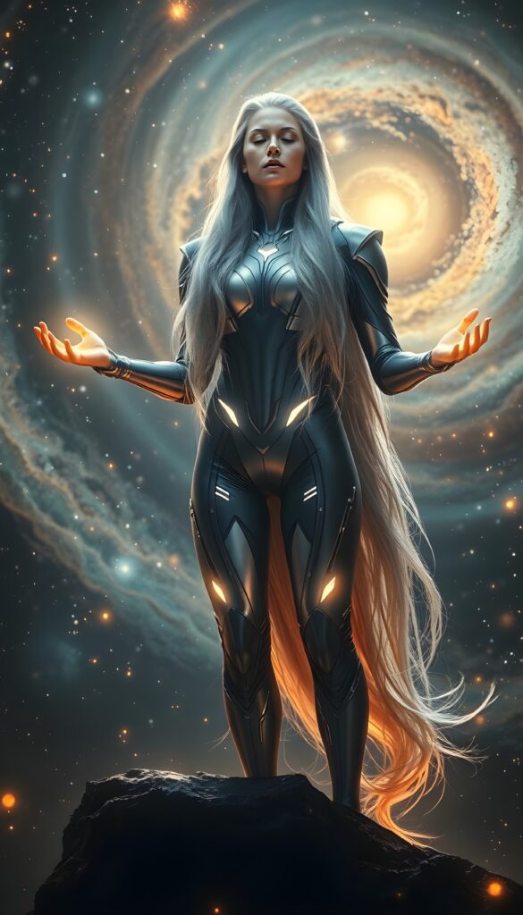 A ((superheroine)) with ((long, flowing silver hair)) that resembles a ((celestial dragon)) cascading down her back. She is wearing a ((customized, high-tech suit)) with glowing ((silver armor panels)) that shimmer under the light. Her face is lit by a ((serene, otherworldly glow)) with her eyes closed, as if ((meditating)) or ((channeling cosmic energy)). She is ((standing on a floating rock)) in the ((center of a swirling galaxy)), with ((starry nebulae)) and ((colored nebulae)) in the background, creating a ((mesmerizing and mystical atmosphere)). Her ((arms are stretched out)) in a ((powerful stance)) with her hands emitting a ((soft, radiant light)), casting a ((golden aura)) across her body. The ((entire scene)) is ((illuminated by a celestial light)), giving it a ((futuristic and fantastical)) look.