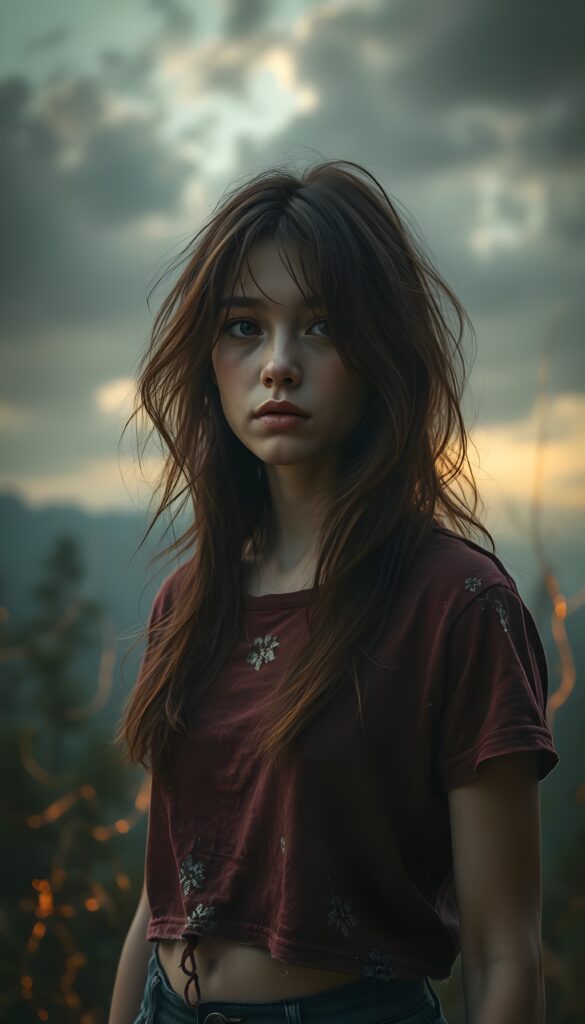 A surreal digital painting of a young well busty girl with luxuriant chestnut hair that flows like silk against a dreamy sky filled with swirling gray clouds and ethereal shadows, revealing a haunting sadness. She is poor dressed in a tattered cropped wine red t-shirt, Her amber eyes, deep and expressive, convey unspoken stories. The scene is enhanced by vibrant crimson and silver accents in her attire, with soft golden light accentuating her tears. The background is a mystical forest with glowing, twisting trees, adding a dreamlike atmosphere.