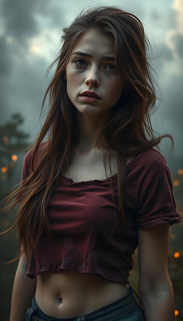 A surreal digital painting of a young well busty girl with luxuriant chestnut hair that flows like silk against a dreamy sky filled with swirling gray clouds and ethereal shadows, revealing a haunting sadness. She is poor dressed in a tattered cropped wine red t-shirt, Her amber eyes, deep and expressive, convey unspoken stories. The scene is enhanced by vibrant crimson and silver accents in her attire, with soft golden light accentuating her tears. The background is a mystical forest with glowing, twisting trees, adding a dreamlike atmosphere.