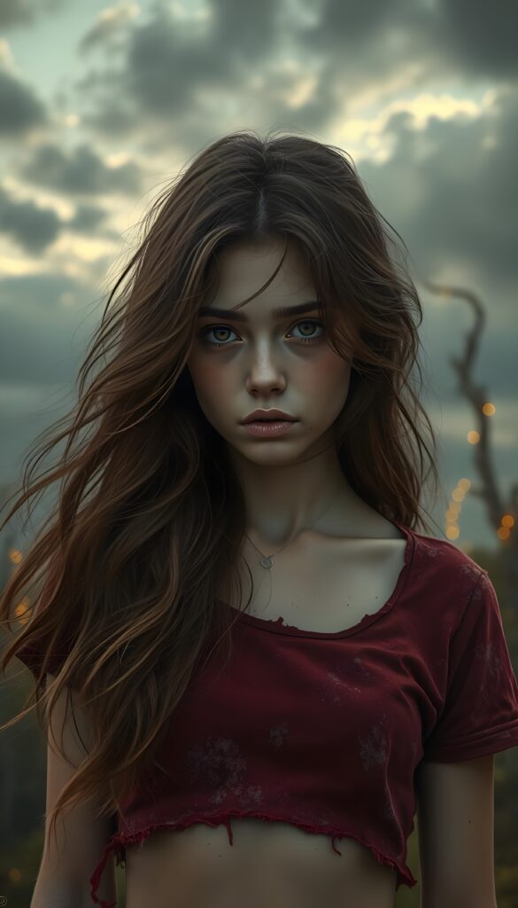 A surreal digital painting of a young well busty girl with luxuriant chestnut hair that flows like silk against a dreamy sky filled with swirling gray clouds and ethereal shadows, revealing a haunting sadness. She is poor dressed in a tattered cropped wine red t-shirt, Her amber eyes, deep and expressive, convey unspoken stories. The scene is enhanced by vibrant crimson and silver accents in her attire, with soft golden light accentuating her tears. The background is a mystical forest with glowing, twisting trees, adding a dreamlike atmosphere.
