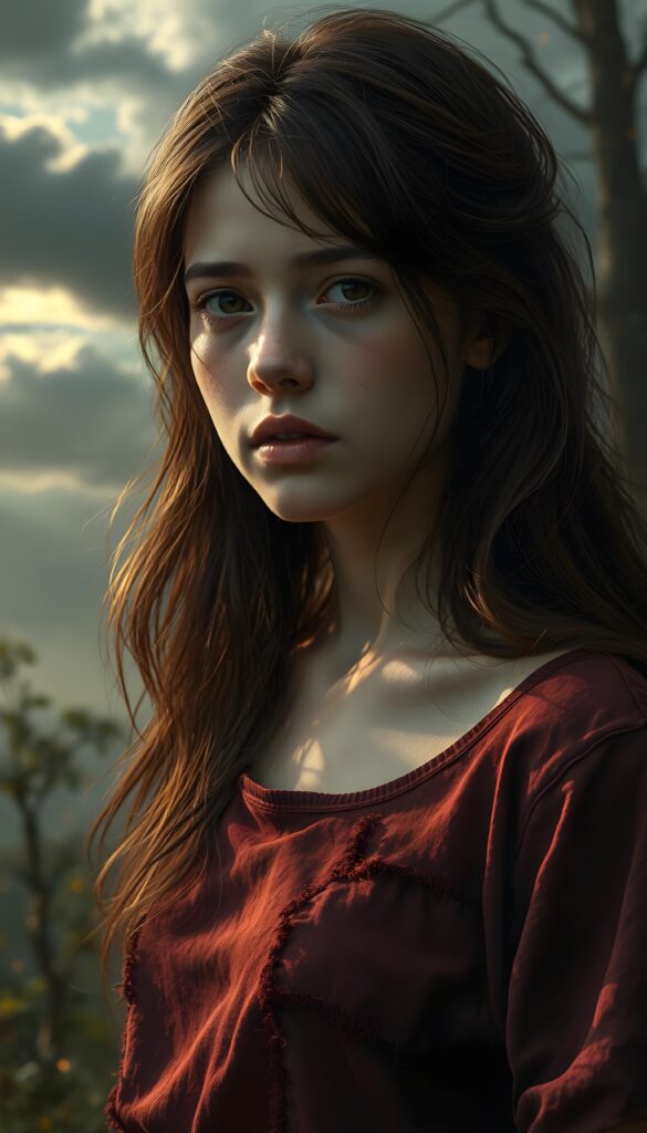 A surreal digital painting of a young well busty girl with luxuriant chestnut hair that flows like silk against a dreamy sky filled with swirling gray clouds and ethereal shadows, revealing a haunting sadness. She is poor dressed in a tattered cropped wine red t-shirt, Her amber eyes, deep and expressive, convey unspoken stories. The scene is enhanced by vibrant crimson and silver accents in her attire, with soft golden light accentuating her tears. The background is a mystical forest with glowing, twisting trees, adding a dreamlike atmosphere.