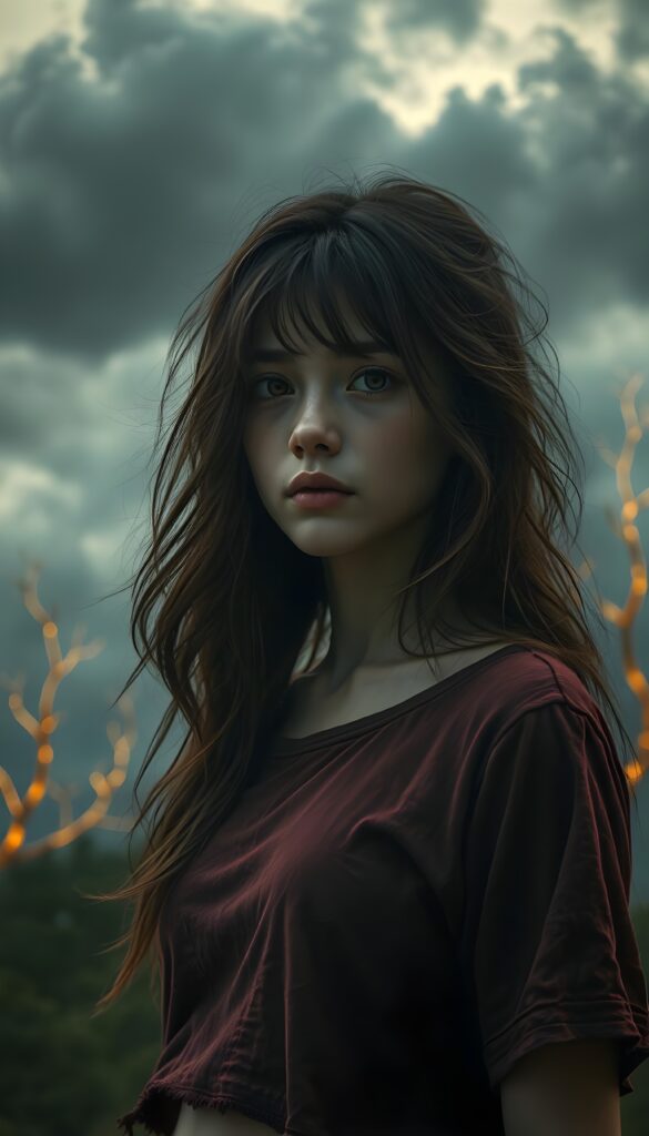 A surreal digital painting of a young well busty girl with luxuriant chestnut hair that flows like silk against a dreamy sky filled with swirling gray clouds and ethereal shadows, revealing a haunting sadness. She is poor dressed in a tattered cropped wine red t-shirt, Her amber eyes, deep and expressive, convey unspoken stories. The scene is enhanced by vibrant crimson and silver accents in her attire, with soft golden light accentuating her tears. The background is a mystical forest with glowing, twisting trees, adding a dreamlike atmosphere.