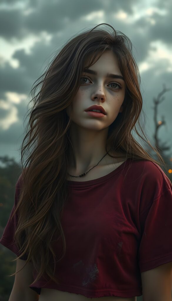A surreal digital painting of a young well busty girl with luxuriant chestnut hair that flows like silk against a dreamy sky filled with swirling gray clouds and ethereal shadows, revealing a haunting sadness. She is poor dressed in a tattered cropped wine red t-shirt, Her amber eyes, deep and expressive, convey unspoken stories. The scene is enhanced by vibrant crimson and silver accents in her attire, with soft golden light accentuating her tears. The background is a mystical forest with glowing, twisting trees, adding a dreamlike atmosphere.