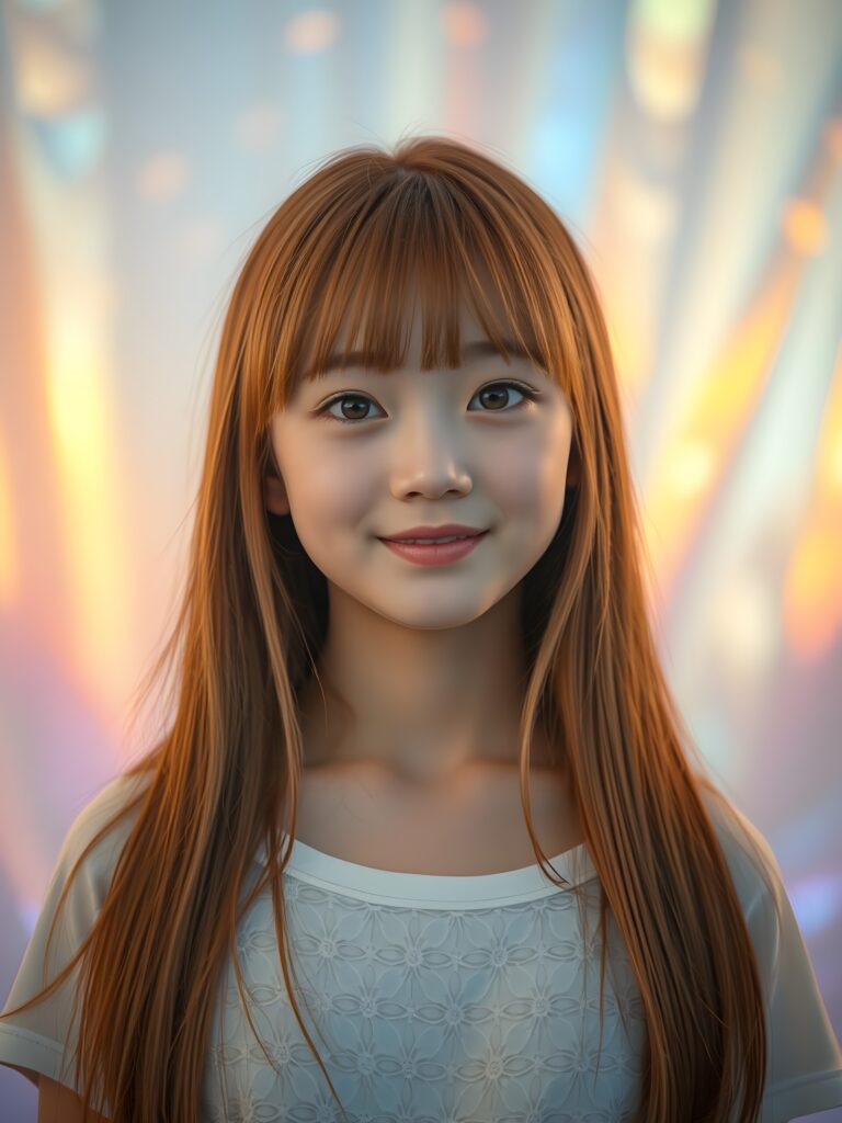 A surreal portrait of a young cute girl with a fair complexion and long, auburn hair styled in playful Korean bangs and frame her round angelic face. Amber eyes. She smiles warmly, her eyes shining with curiosity. The image is a vibrant fusion of realism and fantasy, with a dreamy, iridescent background that shifts colors like a hologram. Her skin texture is meticulously detailed, glowing with a soft, ethereal light that highlights her features. The lighting is a mix of warm golden hues and cool blues, creating a serene yet otherworldly atmosphere. Her straight soft hair is like liquid silk, same length left and right, falls down and covers her chest and ears, blending into the background's gradient of pastel colors. She wears a delicate, floral-patterned t-shirt with intricate lace details, adding a touch of elegance. The overall composition is a blend of hyper-realism and magical realism, making her look like she's stepping out of a fairy tale. She has full kissable, red lips.