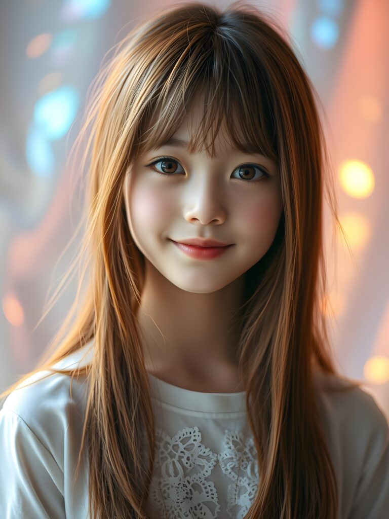 A surreal portrait of a young cute girl with a fair complexion and long, auburn hair styled in playful Korean bangs and frame her round angelic face. Amber eyes. She smiles warmly, her eyes shining with curiosity. The image is a vibrant fusion of realism and fantasy, with a dreamy, iridescent background that shifts colors like a hologram. Her skin texture is meticulously detailed, glowing with a soft, ethereal light that highlights her features. The lighting is a mix of warm golden hues and cool blues, creating a serene yet otherworldly atmosphere. Her straight soft hair is like liquid silk, same length left and right, falls down and covers her chest and ears, blending into the background's gradient of pastel colors. She wears a delicate, floral-patterned t-shirt with intricate lace details, adding a touch of elegance. The overall composition is a blend of hyper-realism and magical realism, making her look like she's stepping out of a fairy tale. She has full kissable, red lips.