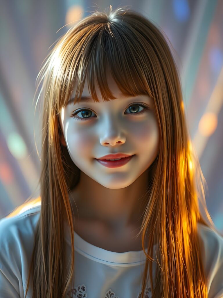 A surreal portrait of a young cute girl with a fair complexion and long, auburn hair styled in playful Korean bangs and frame her round angelic face. Amber eyes. She smiles warmly, her eyes shining with curiosity. The image is a vibrant fusion of realism and fantasy, with a dreamy, iridescent background that shifts colors like a hologram. Her skin texture is meticulously detailed, glowing with a soft, ethereal light that highlights her features. The lighting is a mix of warm golden hues and cool blues, creating a serene yet otherworldly atmosphere. Her straight soft hair is like liquid silk, same length left and right, falls down and covers her chest and ears, blending into the background's gradient of pastel colors. She wears a delicate, floral-patterned t-shirt with intricate lace details, adding a touch of elegance. The overall composition is a blend of hyper-realism and magical realism, making her look like she's stepping out of a fairy tale. She has full kissable, red lips.