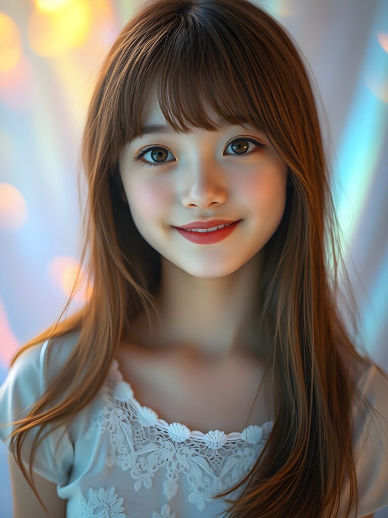 A surreal portrait of a young cute girl with a fair complexion and long, auburn hair styled in playful Korean bangs and frame her round angelic face. Amber eyes. She smiles warmly, her eyes shining with curiosity. The image is a vibrant fusion of realism and fantasy, with a dreamy, iridescent background that shifts colors like a hologram. Her skin texture is meticulously detailed, glowing with a soft, ethereal light that highlights her features. The lighting is a mix of warm golden hues and cool blues, creating a serene yet otherworldly atmosphere. Her straight soft hair is like liquid silk, same length left and right, falls down and covers her chest and ears, blending into the background's gradient of pastel colors. She wears a delicate, floral-patterned t-shirt with intricate lace details, adding a touch of elegance. The overall composition is a blend of hyper-realism and magical realism, making her look like she's stepping out of a fairy tale. She has full kissable, red lips.