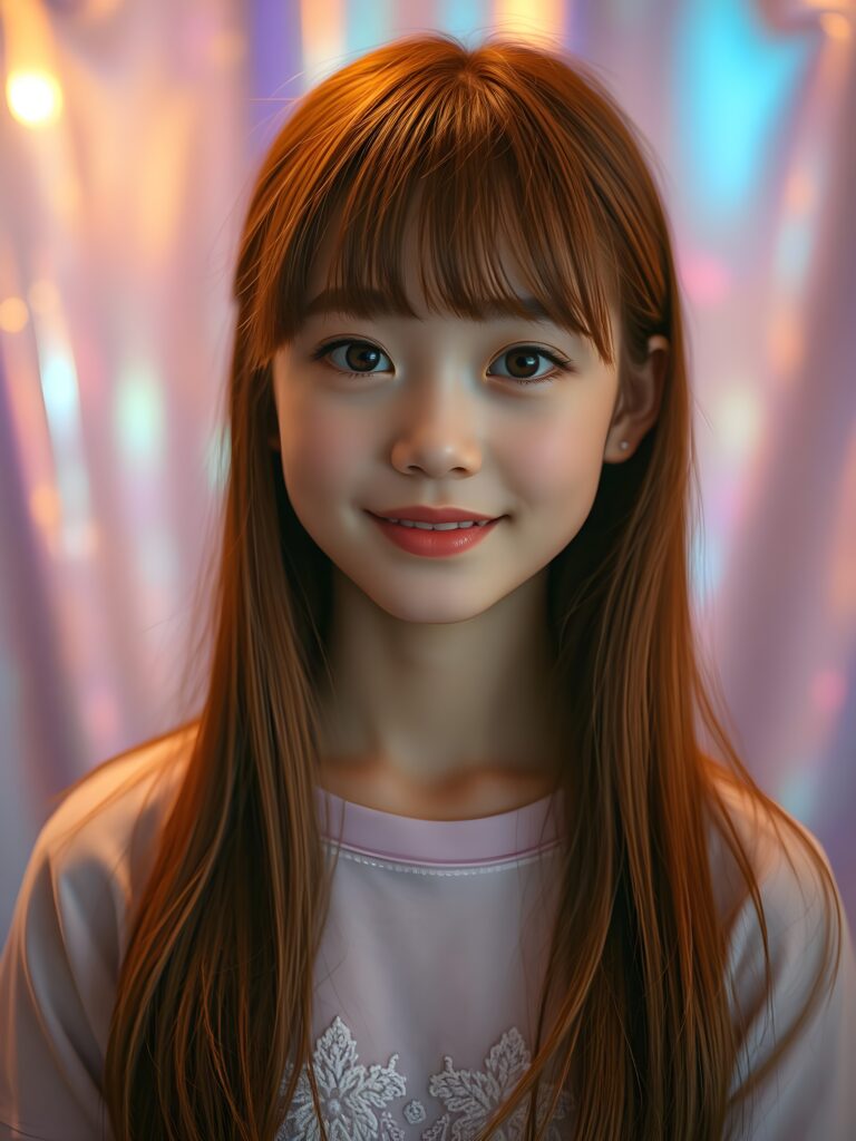 A surreal portrait of a young cute girl with a fair complexion and long, auburn hair styled in playful Korean bangs and frame her round angelic face. Amber eyes. She smiles warmly, her eyes shining with curiosity. The image is a vibrant fusion of realism and fantasy, with a dreamy, iridescent background that shifts colors like a hologram. Her skin texture is meticulously detailed, glowing with a soft, ethereal light that highlights her features. The lighting is a mix of warm golden hues and cool blues, creating a serene yet otherworldly atmosphere. Her straight soft hair is like liquid silk, same length left and right, falls down and covers her chest and ears, blending into the background's gradient of pastel colors. She wears a delicate, floral-patterned t-shirt with intricate lace details, adding a touch of elegance. The overall composition is a blend of hyper-realism and magical realism, making her look like she's stepping out of a fairy tale. She has full kissable, red lips.